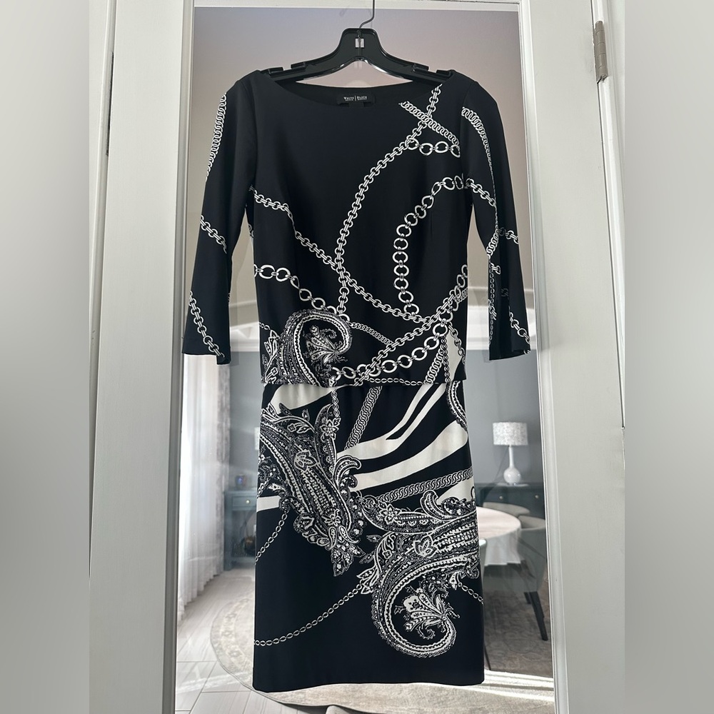 Black & White Chain Print Sheath Dress | 3/4 Sleeve | Classic Chic